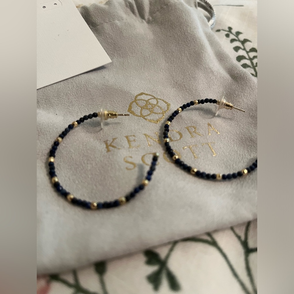 NWT Kendra Scott Britt Thin Bead Hoop Earrings Gold Blue Lapis